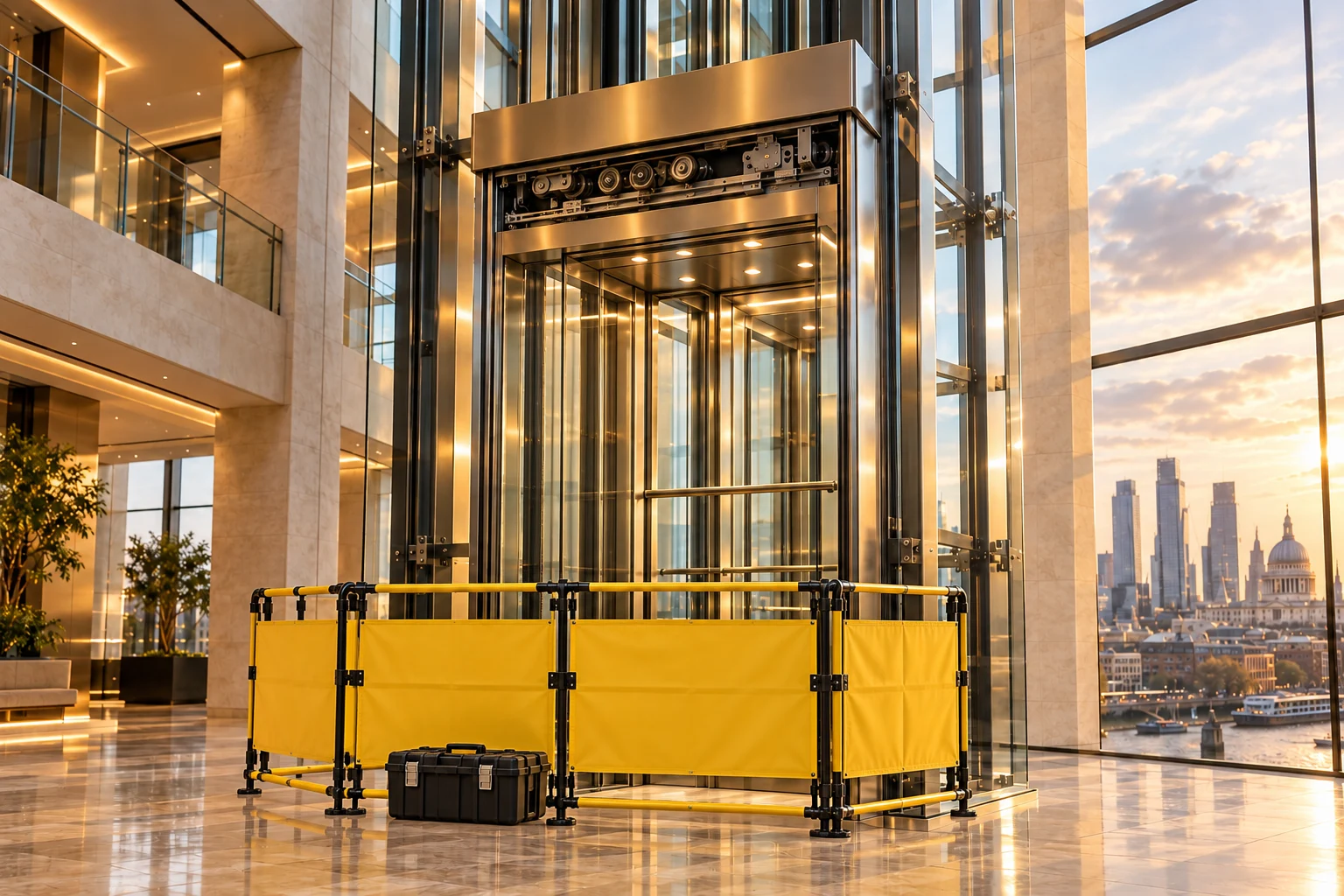 Illustrative image of a scenic glass lift undergoing repairs behind a safety barrier in a warm contemporary atrium