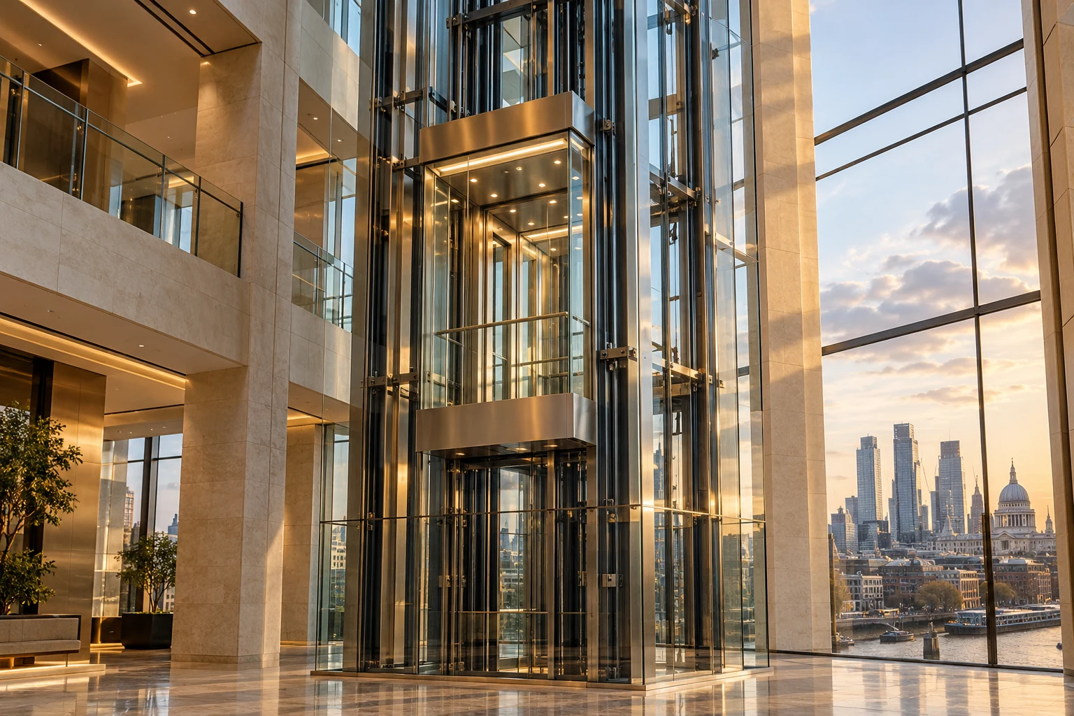 Illustrative image of a panoramic glass lift shaft in a warm contemporary London atrium
